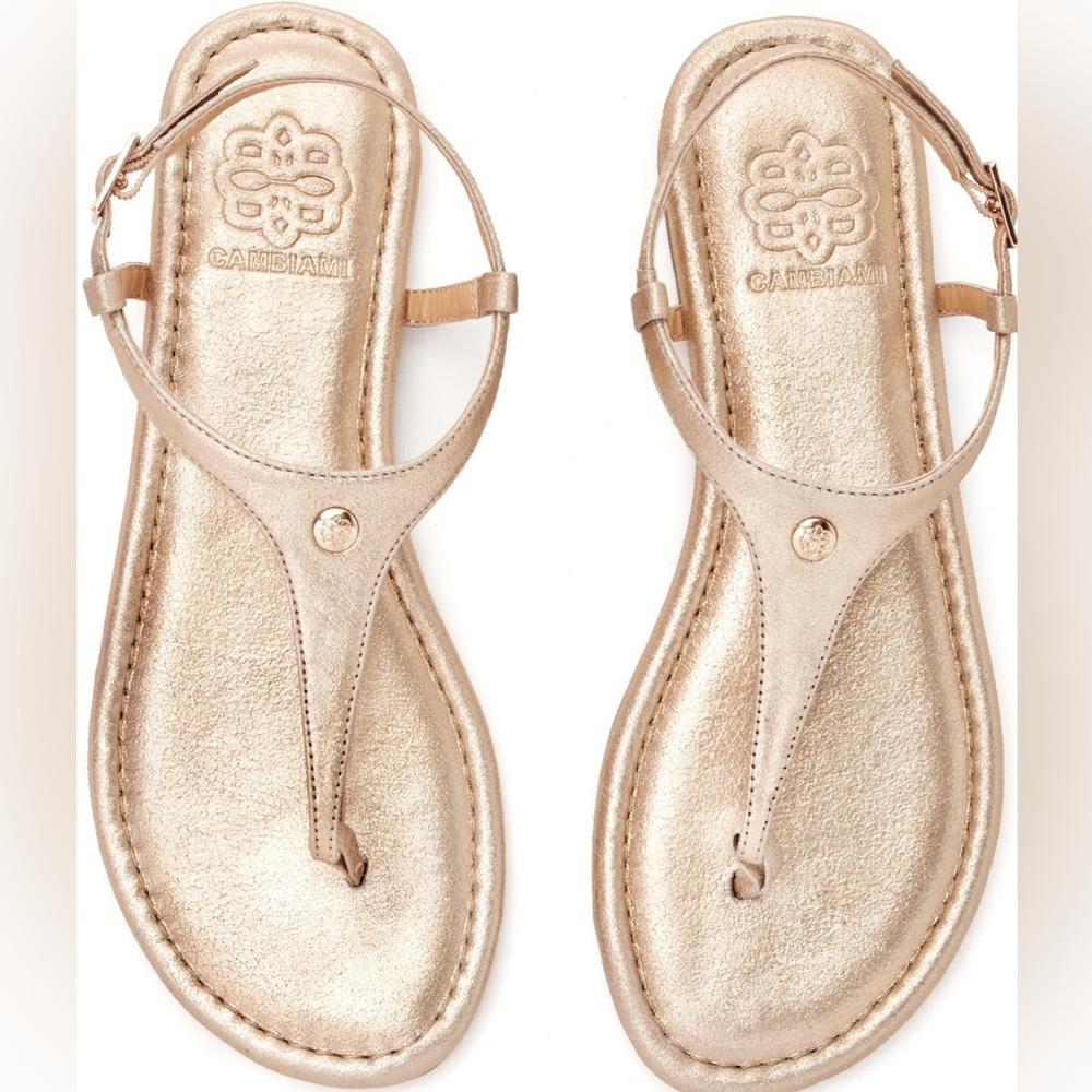 NWOT Cambiami Champagne‎ Metallic Leather Thong Sandals Soles and Straps size 10